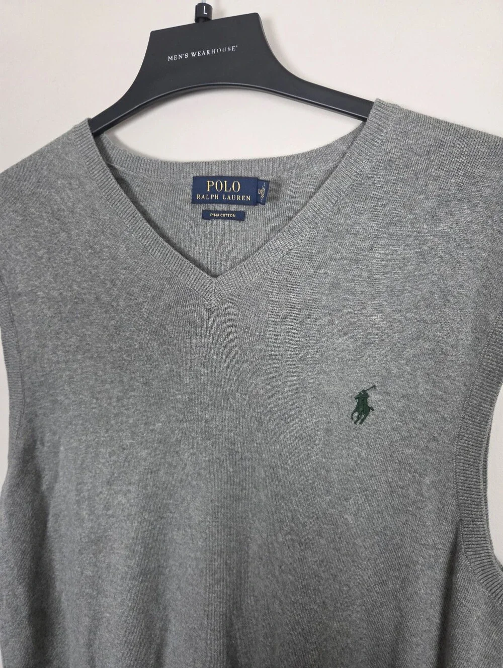Polo Ralph Lauren Mens Large Grey Pima Cotton V-Neck Sweater Vest Embroidered
